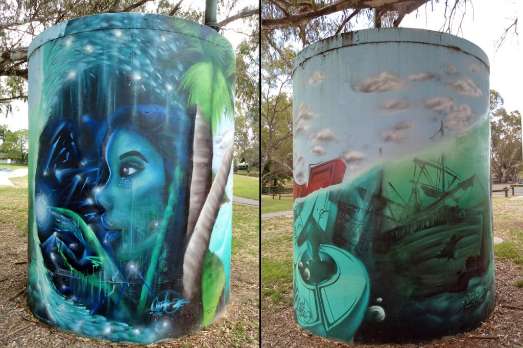 Water tank, Skate Park David St Albury, artist Kade Sarte
